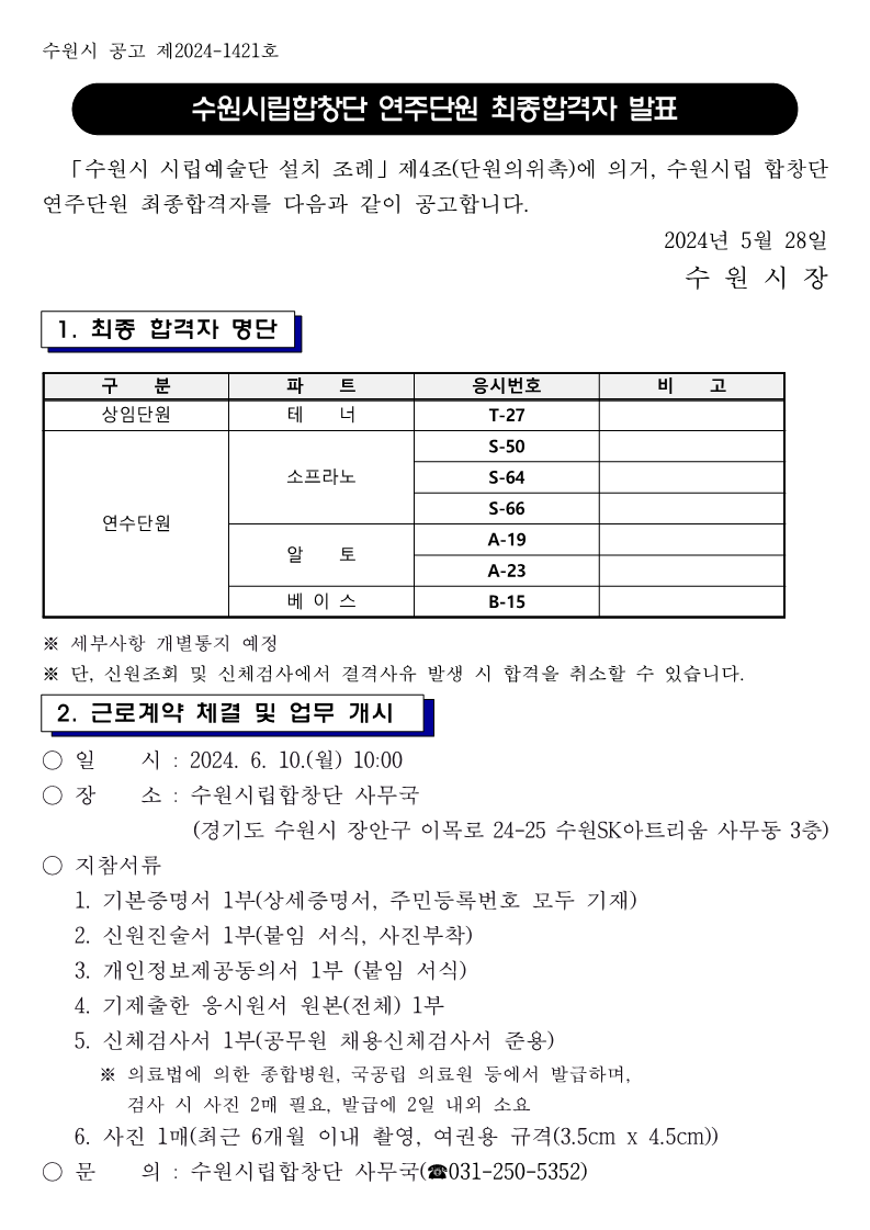 2024 수원시립합창단 연주단원 최종합격자 발표