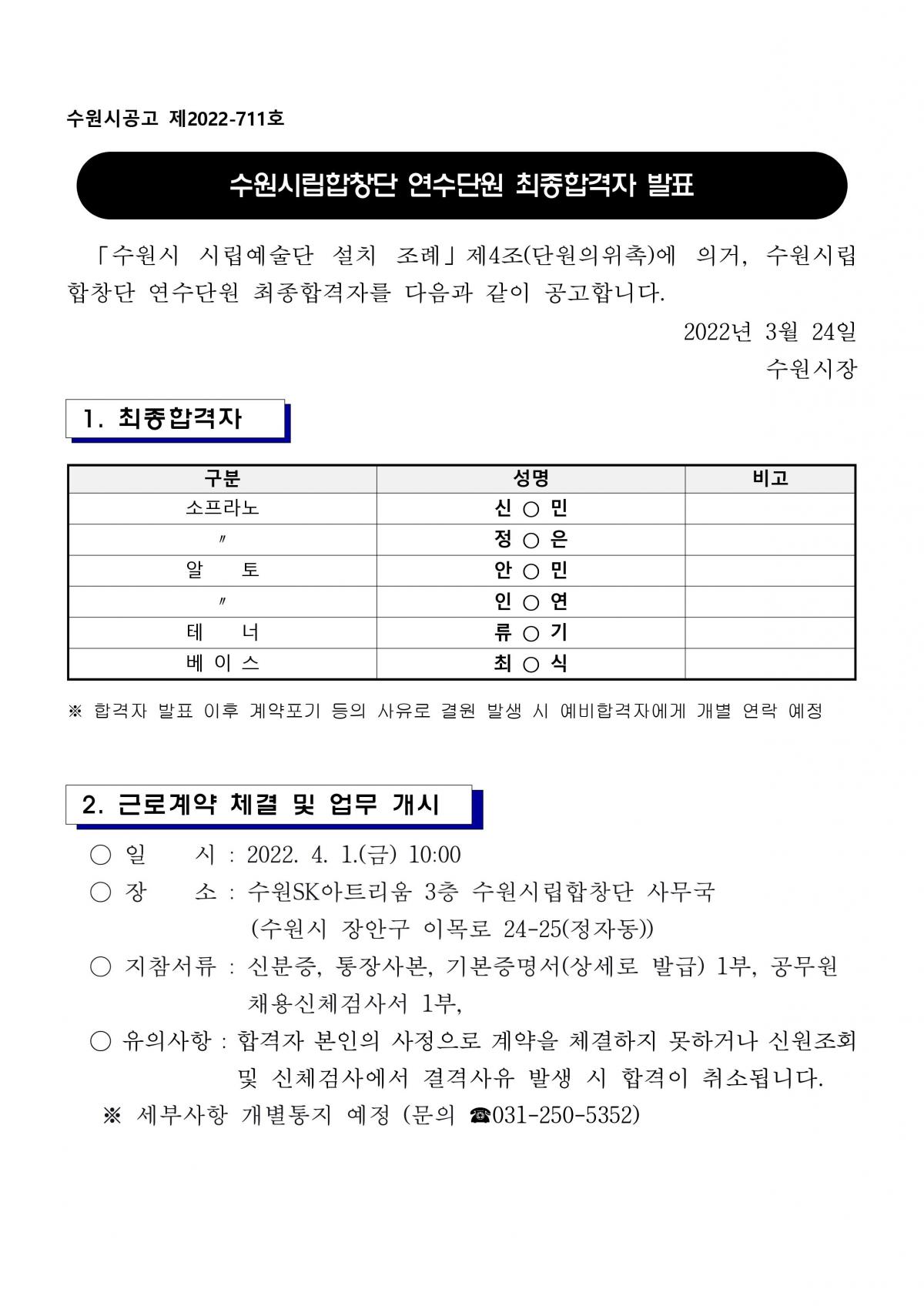 수원시립합창단 2022 연수단원 최종 합격자 안내