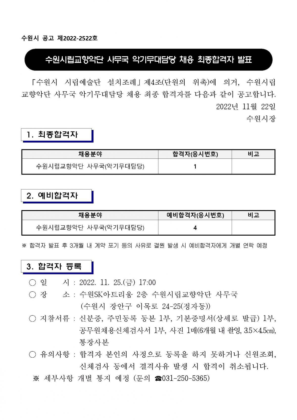 악기무대담당 최종합격자 공고